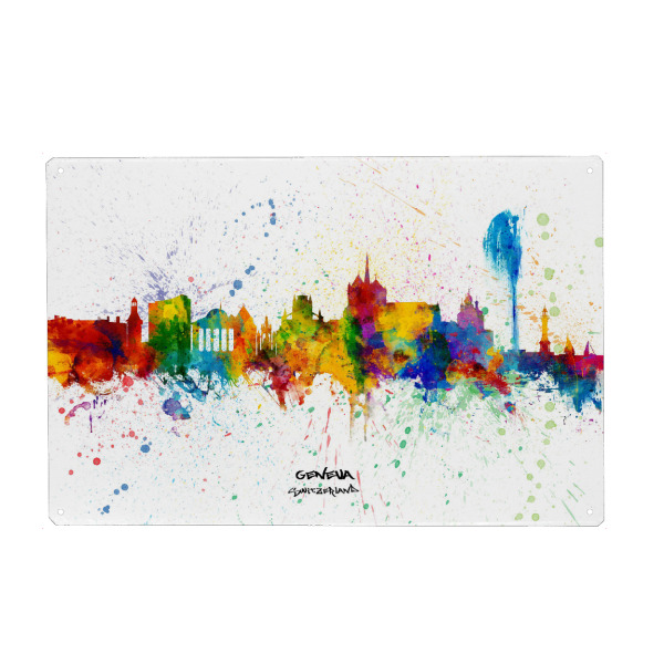 Metall Poster "Geneva Switzerland Skyline Splash" artboxONE - Städte - Geneva,Switzerland,Skyline,Cityscape,Stadtbild,Watercolor,City - Blechschild