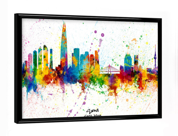 Poster mit schwarzem Rahmen "Seoul Skyline South Korea Splash" artboxONE - Städte - Seoul,South korea,Skyline,Cityscape,Stadtbild,Watercolor,City