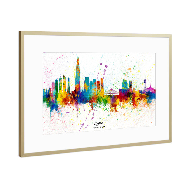 Poster mit Rahmen Gold "Seoul Skyline South Korea Splash" artboxONE - Städte - Seoul,South korea,Skyline,Cityscape,Stadtbild,Watercolor,City
