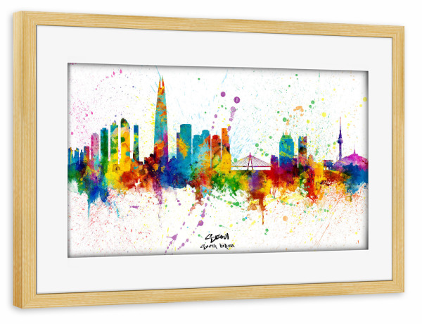 Poster mit Rahmen kiefer "Seoul Skyline South Korea Splash" artboxONE - Städte - Seoul,South korea,Skyline,Cityscape,Stadtbild,Watercolor,City