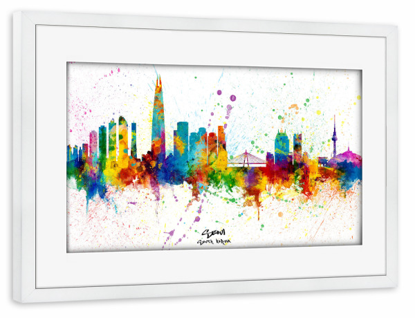 Poster mit Rahmen weiß "Seoul Skyline South Korea Splash" artboxONE - Städte - Seoul,South korea,Skyline,Cityscape,Stadtbild,Watercolor,City
