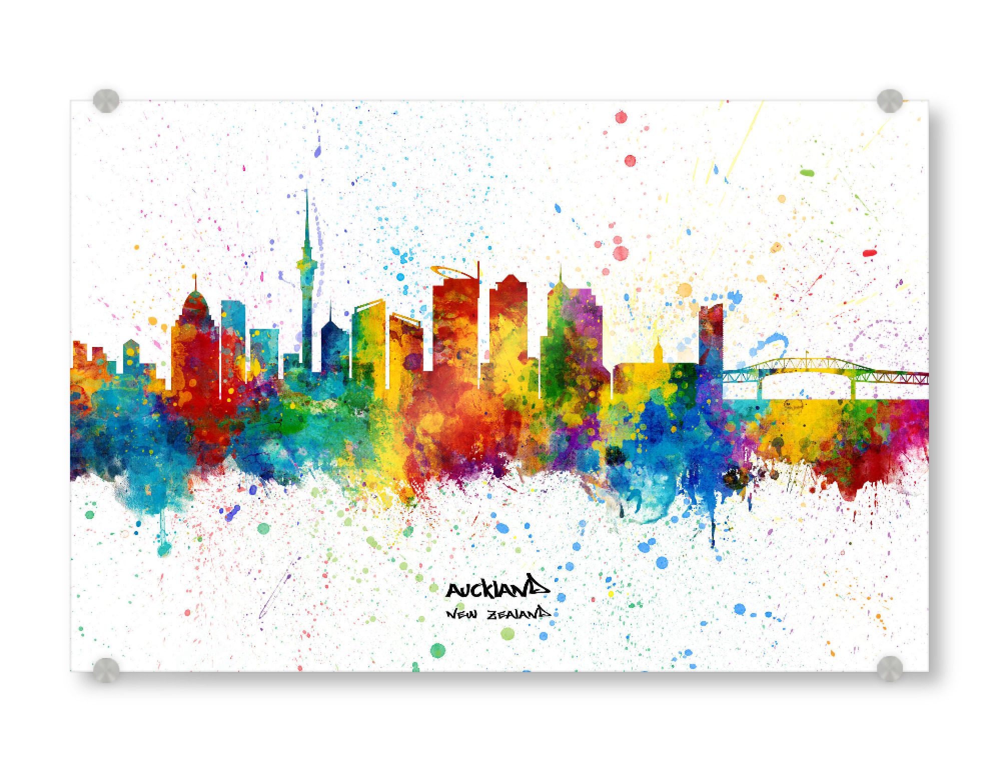 Acrylglasbild "Auckland Skyline Splash" artboxONE - Städte - Auckland,New zealand,Skyline,Cityscape,Stadtbild,Watercolor,City