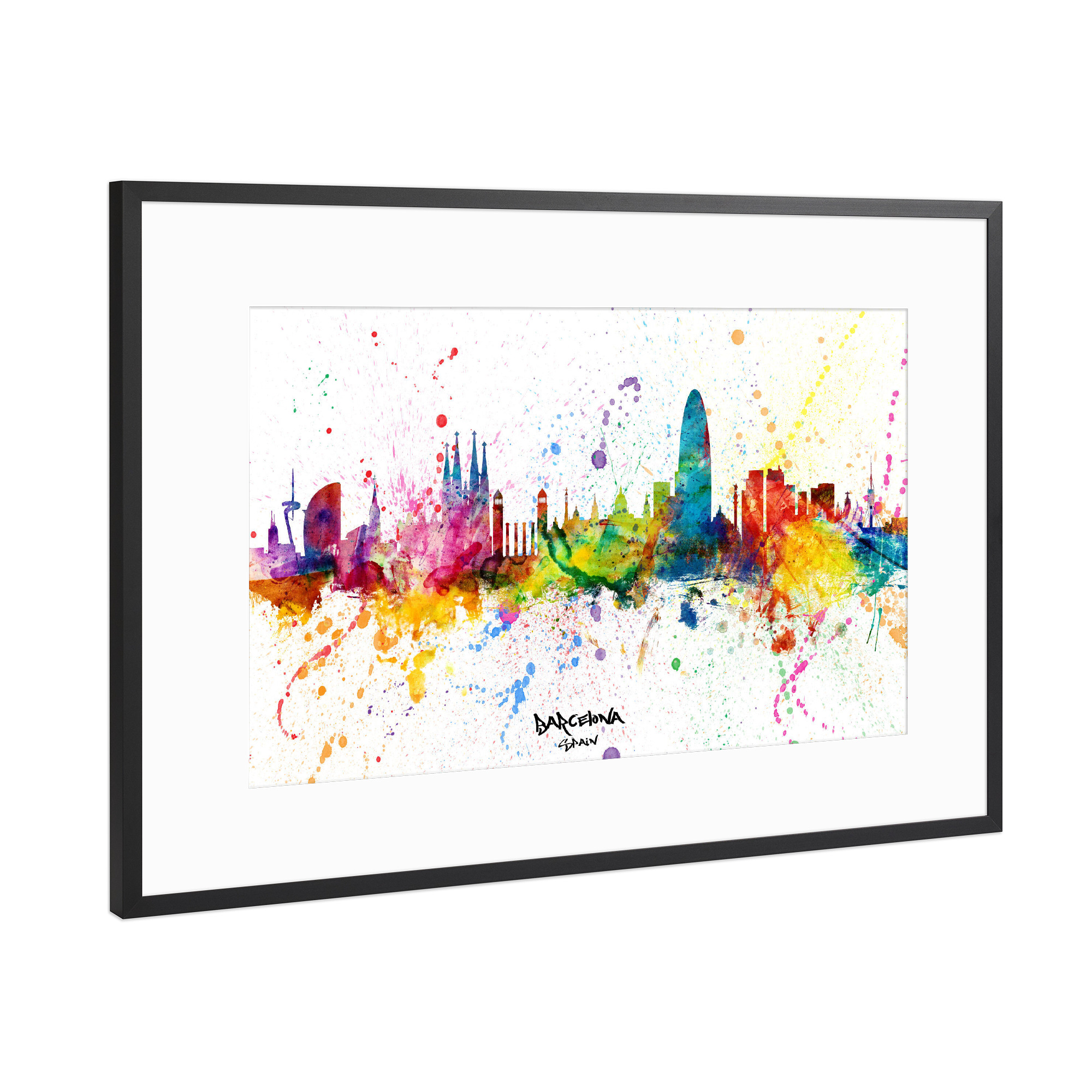 Poster mit Rahmen Schwarz (Metallic) "Barcelona Spain Skyline Splash" artboxONE - Städte,Städte / Barcelona