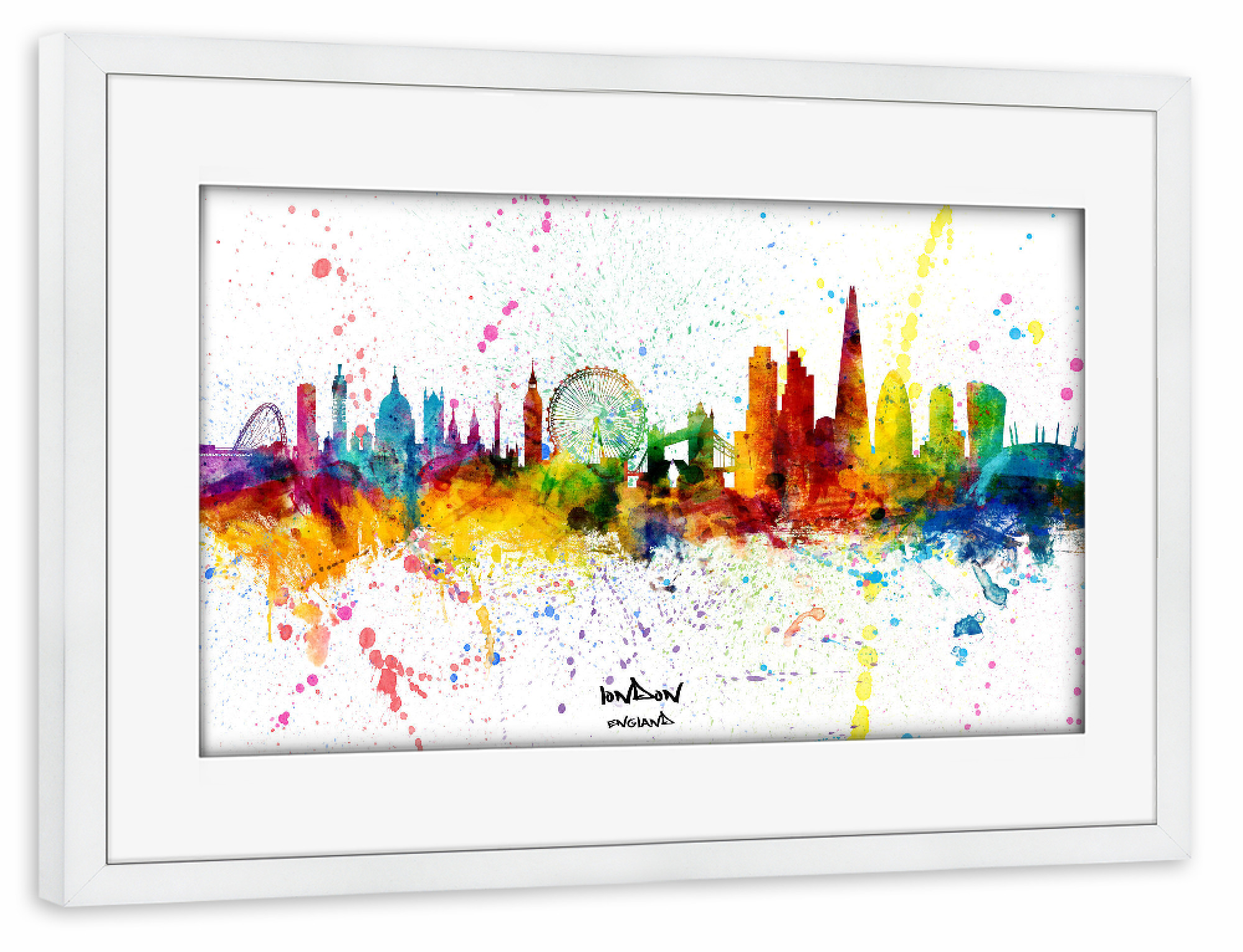 Poster mit Rahmen weiß "London England Skyline Splash" artboxONE - Städte,Städte / London - London,England,Skyline,Cityscape,Stadtbild,Watercolor,City