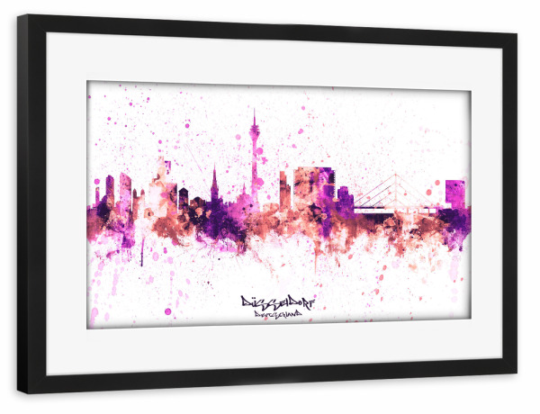 Poster mit Rahmen schwarz "Düsseldorf Skyline RosePink" artboxONE - Städte,Städte / Düsseldorf