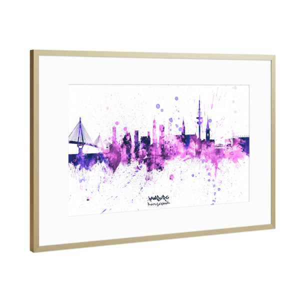 Poster mit Rahmen Gold "Hamburg Germany Skyline PurplePink" artboxONE - Städte,Städte / Hamburg