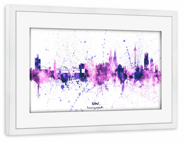 Poster mit Rahmen weiß "Cologne Germany Skyline PurplePink" artboxONE - Städte,Städte / Köln