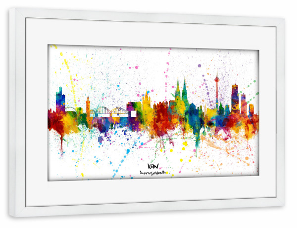 Poster mit Rahmen weiß "Cologne Germany Skyline Splash" artboxONE - Städte,Städte / Köln - Cologne,Germany,Skyline,Cityscape,Stadtbild,Watercolor,City