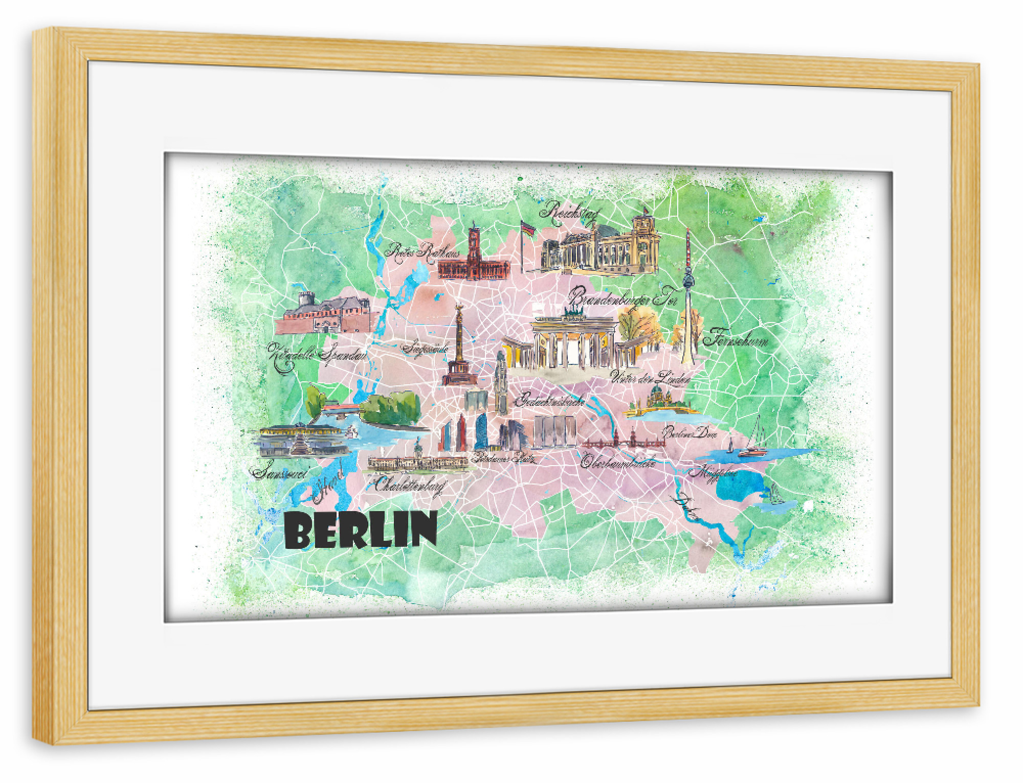 Poster mit Rahmen kiefer "Berlin Illustrierte Karte" artboxONE - Städte / Berlin,Architektur,Kartografie