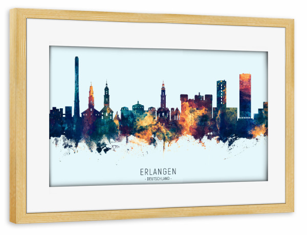 Poster mit Rahmen kiefer "Erlangen Skyline BlueOrange" artboxONE - Städte