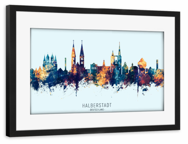 Poster mit Rahmen schwarz "Halberstadt Skyline BlueOrange" artboxONE - Städte