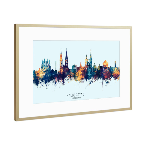 Poster mit Rahmen Gold "Halberstadt Skyline BlueOrange" artboxONE - Städte