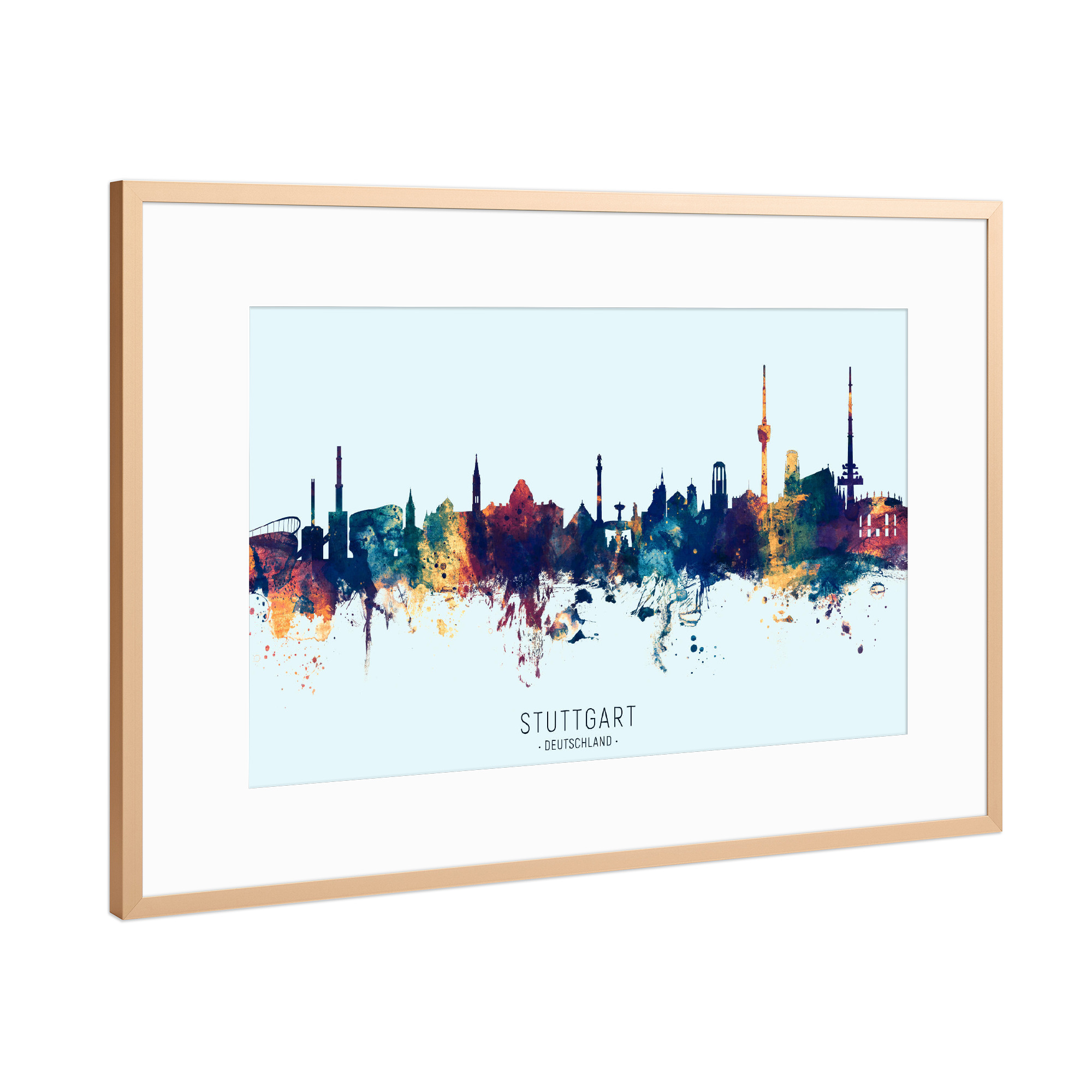 Poster mit Rahmen Kupfer "Stuttgart Skyline BlueOrange" artboxONE - Städte,Städte / Stuttgart
