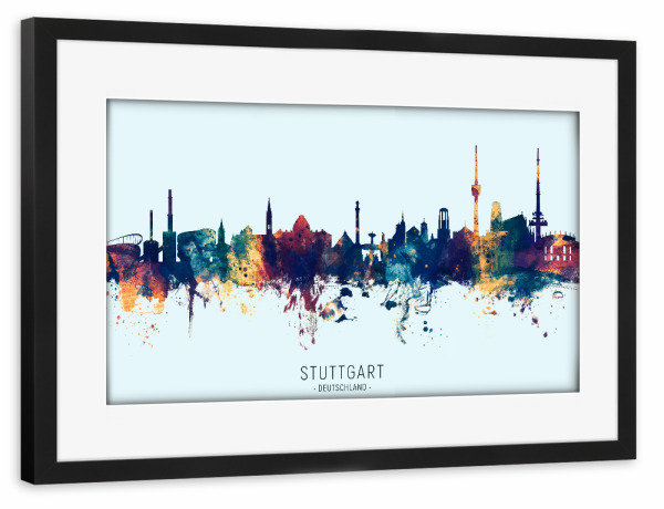 Poster mit Rahmen schwarz "Stuttgart Skyline BlueOrange" artboxONE - Städte,Städte / Stuttgart
