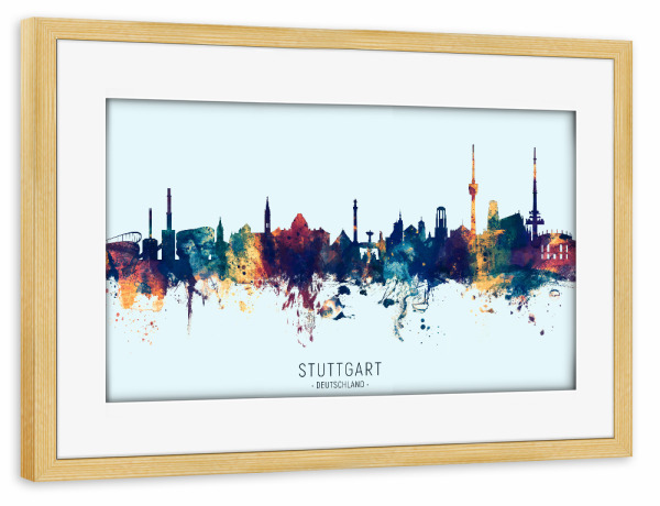 Poster mit Rahmen kiefer "Stuttgart Skyline BlueOrange" artboxONE - Städte,Städte / Stuttgart