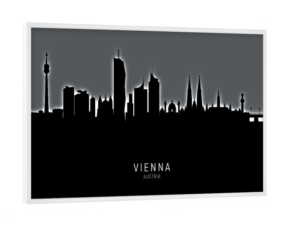 Poster mit weißem Rahmen "Vienna Austria Skyline Glow White" artboxONE - Städte,Schwarzweiß,Städte / Wien