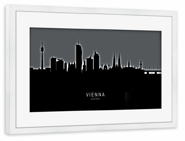 Poster mit Rahmen weiß "Vienna Austria Skyline Glow White" artboxONE - Städte,Schwarzweiß,Städte / Wien