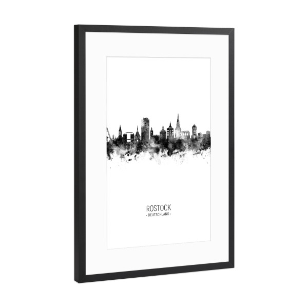 Poster mit Rahmen Schwarz (Metallic) "Rostock Germany Skyline BW" artboxONE - Städte,Schwarzweiß