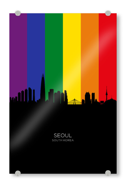 Acrylglasbild "Seoul Skyline South Korea Pride" artboxONE - Städte - Seoul,South korea,Skyline,Cityscape,Stadtbild,Watercolor,Pride,Flag,Rainbow,City