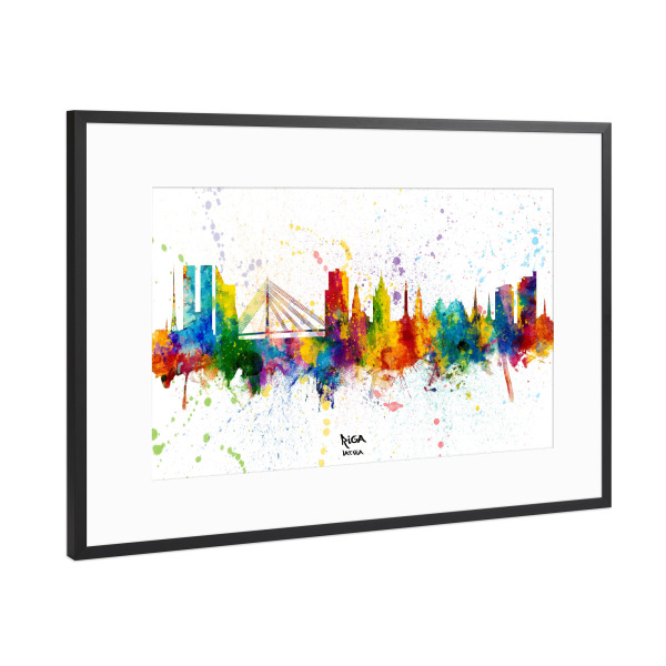 Poster mit Rahmen Schwarz (Metallic) "Riga Latvia Skyline Splash" artboxONE - Städte - Riga,Latvia,Skyline,Cityscape,Stadtbild,Watercolor,City