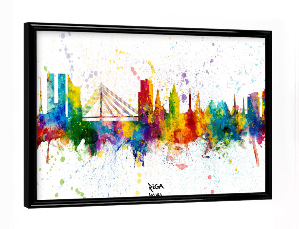 Poster mit schwarzem Rahmen "Riga Latvia Skyline Splash" artboxONE - Städte - Riga,Latvia,Skyline,Cityscape,Stadtbild,Watercolor,City