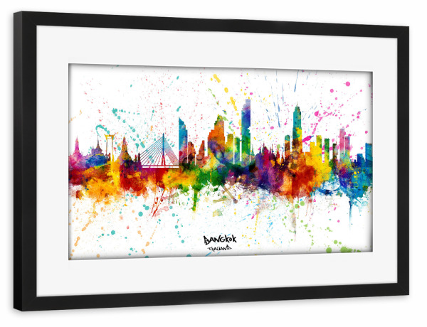 Poster mit Rahmen schwarz "Bangkok Thailand Skyline Splash" artboxONE - Städte - Bangkok,Thailand,Skyline,Cityscape,Stadtbild,Watercolor,City,Colorful