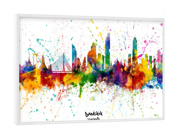 Poster mit weißem Rahmen "Bangkok Thailand Skyline Splash" artboxONE - Städte - Bangkok,Thailand,Skyline,Cityscape,Stadtbild,Watercolor,City,Colorful