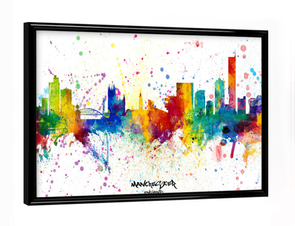 Poster mit schwarzem Rahmen "Manchester England Skyline Splash" artboxONE - Städte - Manchester,England,Skyline,Cityscape,Stadtbild,Watercolor,City