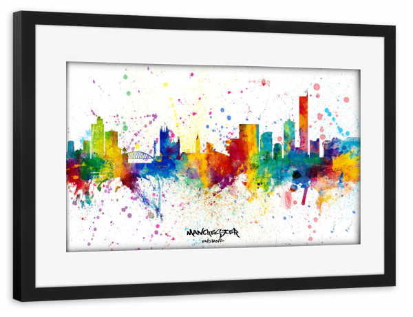 Poster mit Rahmen schwarz "Manchester England Skyline Splash" artboxONE - Städte - Manchester,England,Skyline,Cityscape,Stadtbild,Watercolor,City