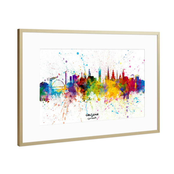 Poster mit Rahmen Gold "Glasgow Scotland Skyline Splash" artboxONE - Städte - Glasgow,Scotland,Skyline,Cityscape,Stadtbild,Watercolor,City