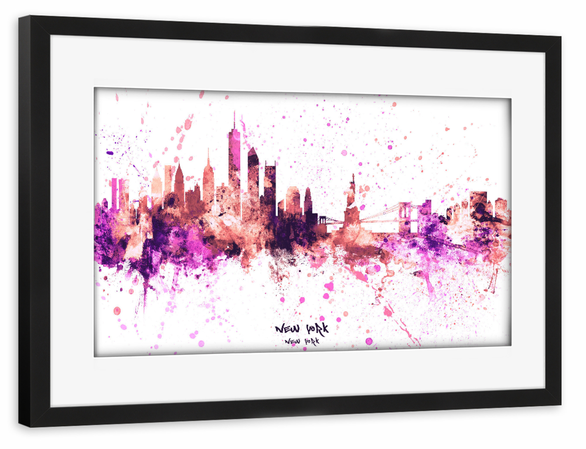 Poster mit Rahmen schwarz "New York Skyline RosePink" artboxONE - Städte,Städte / New York - New york,Skyline,Cityscape,Stadtbild,Watercolor,Usa,City