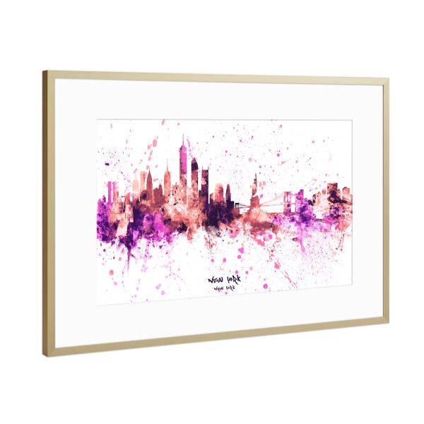 Poster mit Rahmen Gold "New York Skyline RosePink" artboxONE - Städte,Städte / New York - New york,Skyline,Cityscape,Stadtbild,Watercolor,Usa,City