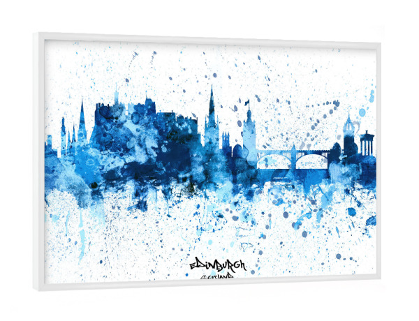 Poster mit weißem Rahmen "Edinburgh Skyline SplashBlue" artboxONE - Städte - Edinburgh,Scotland,Skyline,Cityscape,Stadtbild,Watercolor,City