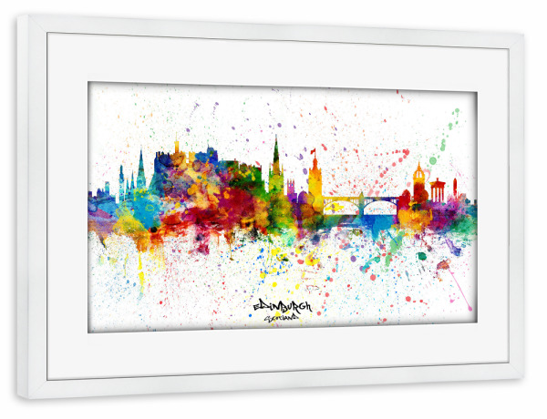 Poster mit Rahmen weiß "Edinburgh Scotland Skyline Splash" artboxONE - Städte