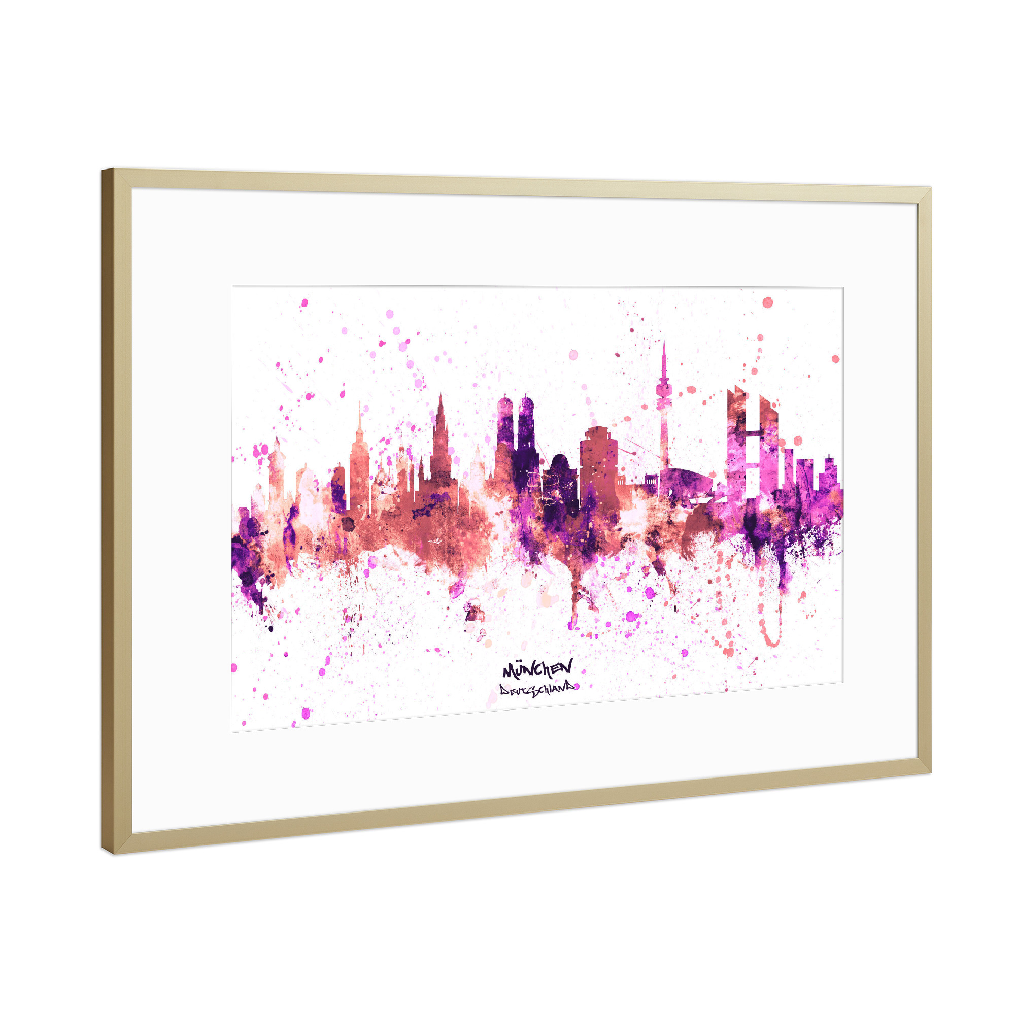 Poster mit Rahmen Gold "Munich Germany Skyline RosePink" artboxONE - Städte / München - Munich,Germany,Skyline,Cityscape,Stadtbild,Watercolor,City