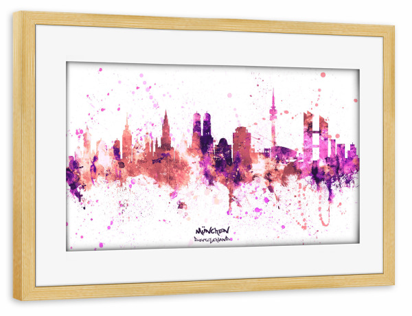 Poster mit Rahmen kiefer "Munich Germany Skyline RosePink" artboxONE - Städte / München - Munich,Germany,Skyline,Cityscape,Stadtbild,Watercolor,City