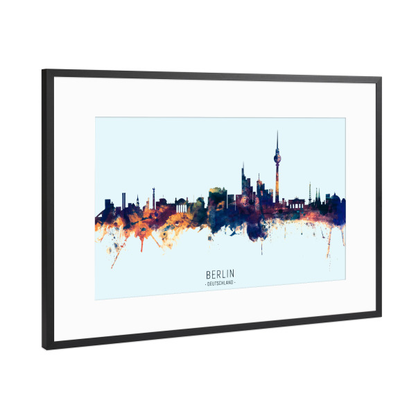 Poster mit Rahmen Schwarz (Metallic) "Berlin Germany Skyline BlueOrange" artboxONE - Städte,Städte / Berlin
