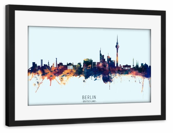 Poster mit Rahmen schwarz "Berlin Germany Skyline BlueOrange" artboxONE - Städte,Städte / Berlin