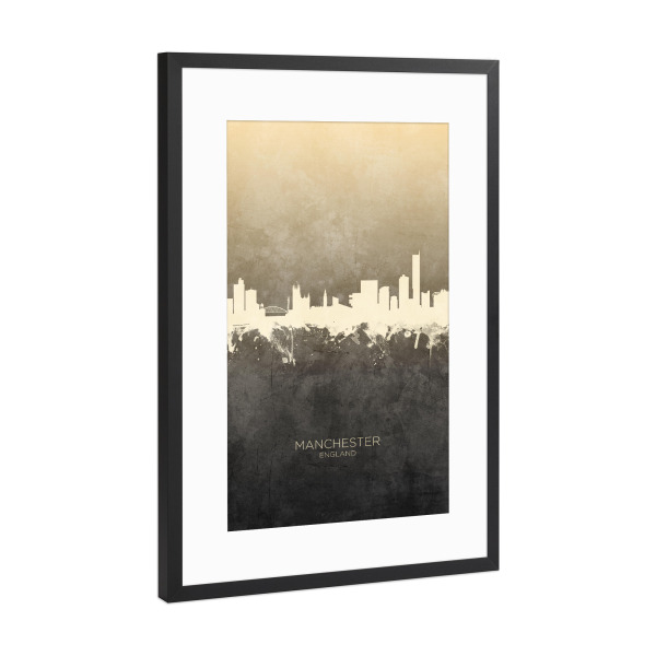 Poster mit Rahmen Schwarz (Metallic) "Manchester England Skyline Taupe" artboxONE - Städte