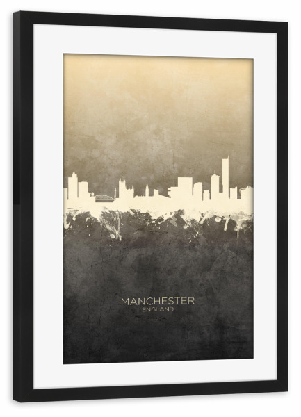 Poster mit Rahmen schwarz "Manchester England Skyline Taupe" artboxONE - Städte