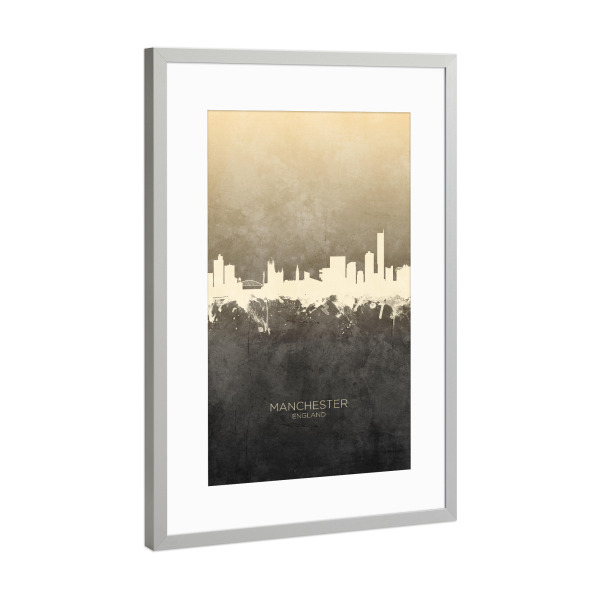 Poster mit Rahmen Silber "Manchester England Skyline Taupe" artboxONE - Städte