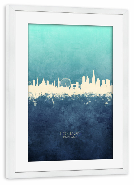 Poster mit Rahmen weiß "London England Skyline NavyCyan" artboxONE - Städte,Städte / London