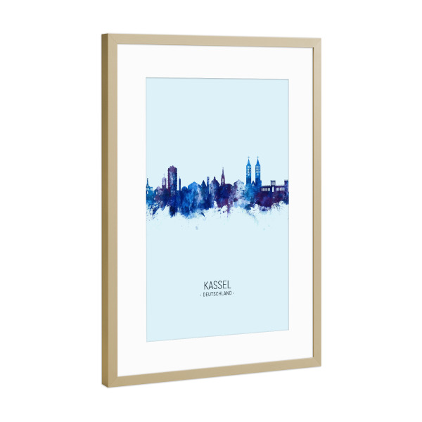 Poster mit Rahmen Gold "Kassel Germany Skyline Dark Blue" artboxONE - Städte
