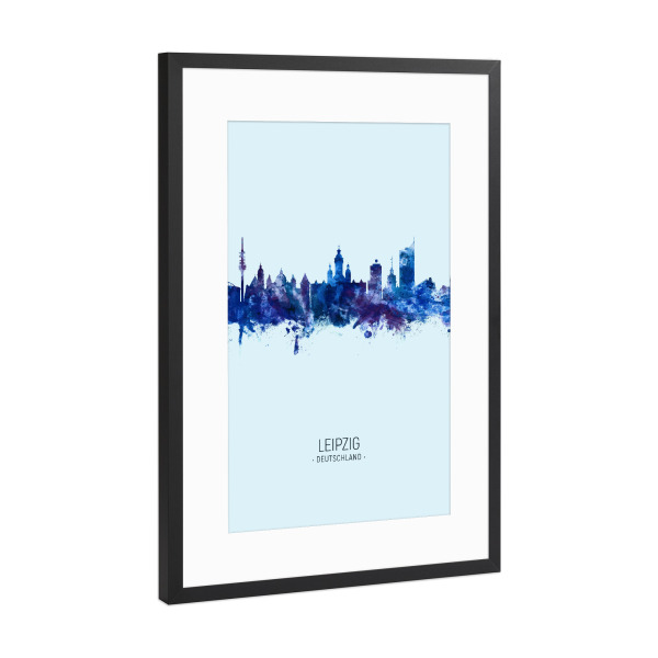 Poster mit Rahmen Schwarz (Metallic) "Leipzig Germany Skyline Dark Blue" artboxONE - Städte