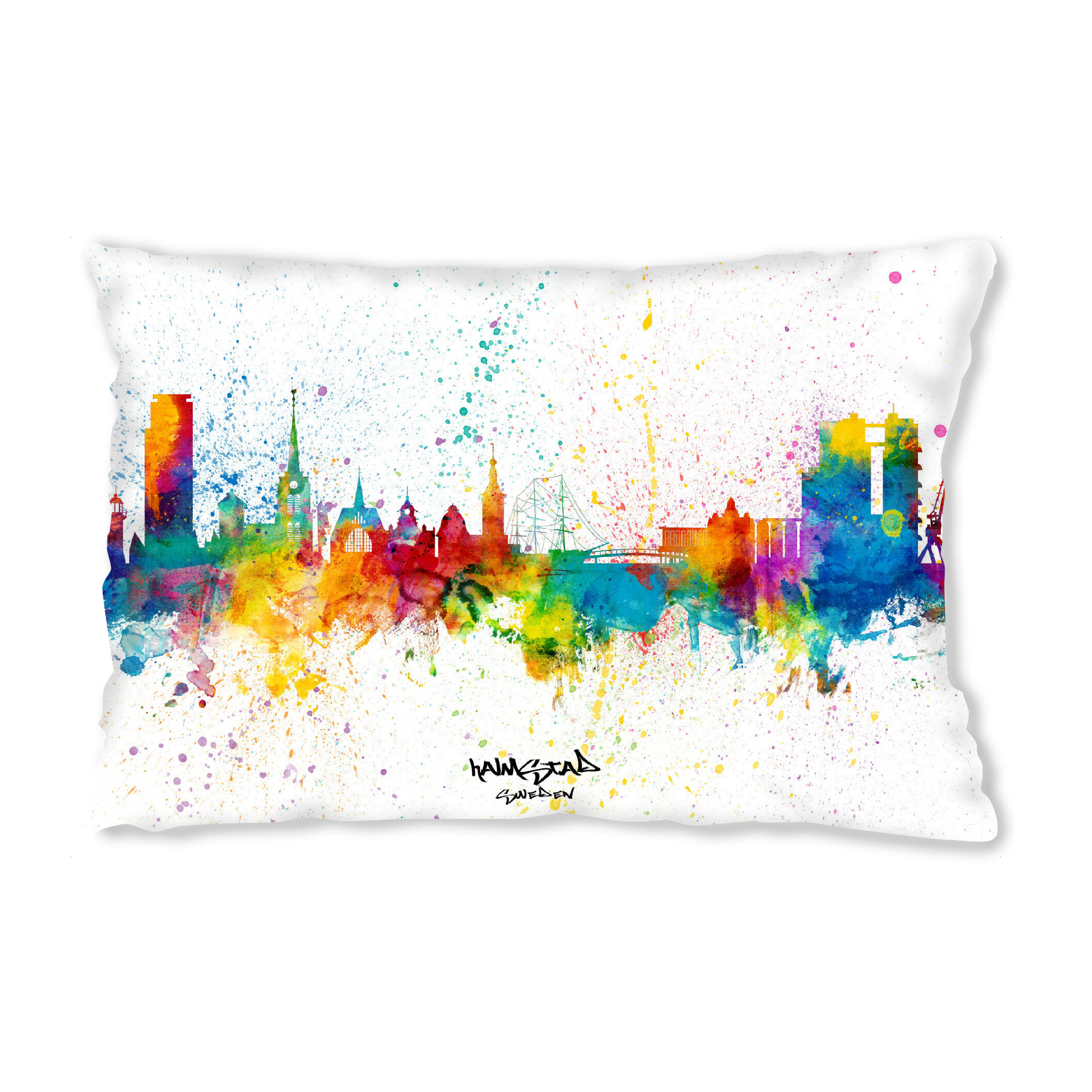 Design-Kissen "Halmstad Sweden Skyline Splash" artboxONE - Städte - Halmstad,Sweden,Skyline,Cityscape,Stadtbild,Watercolor,City,Bunt
