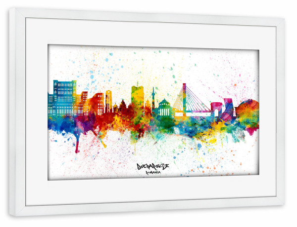 Poster mit Rahmen weiß "Bucharest Romania Skyline Splash" artboxONE - Städte