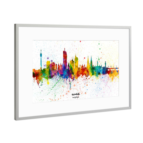 Poster mit Rahmen Silber "Vienna Austria Skyline Splash" artboxONE - Städte,Städte / Wien - Vienna,Austria,Skyline,Cityscape,Stadtbild,Watercolor,City