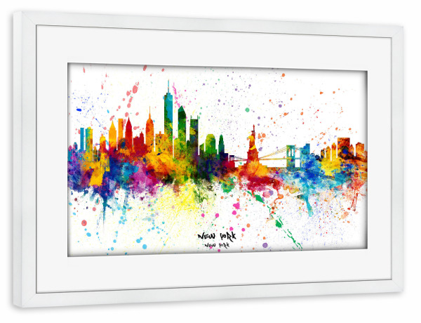 Poster mit Rahmen weiß "New York Skyline Splash" artboxONE - Städte,Städte / New York - New york,Skyline,Cityscape,Stadtbild,Watercolor,City,Bunt