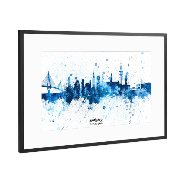 Poster mit Rahmen Schwarz (Metallic) "Hamburg Germany Skyline SplashBlue" artboxONE - Städte,Städte / Hamburg