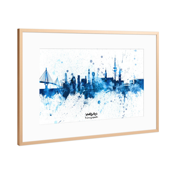 Poster mit Rahmen Kupfer "Hamburg Germany Skyline SplashBlue" artboxONE - Städte,Städte / Hamburg